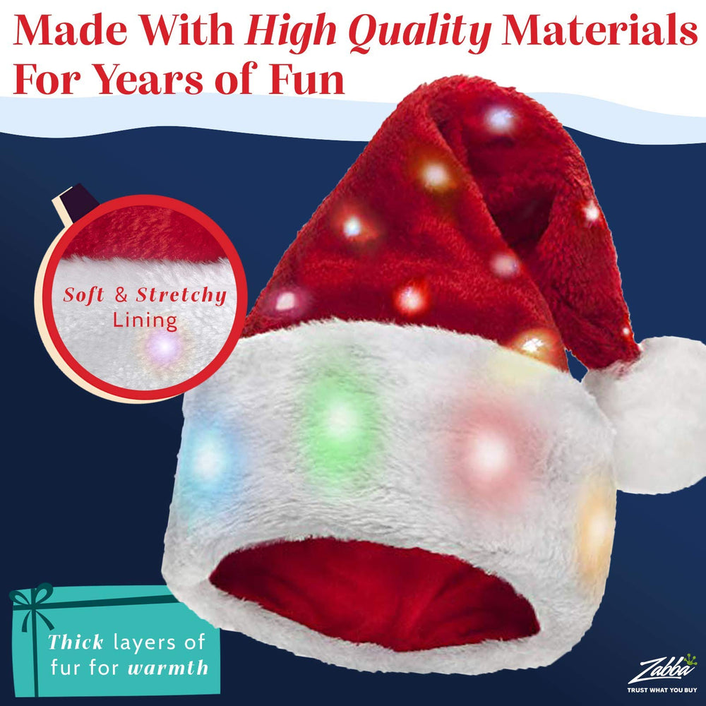 Winks Novelty plush Santa hat pack 2, LED lights close-up, color-changing glow.