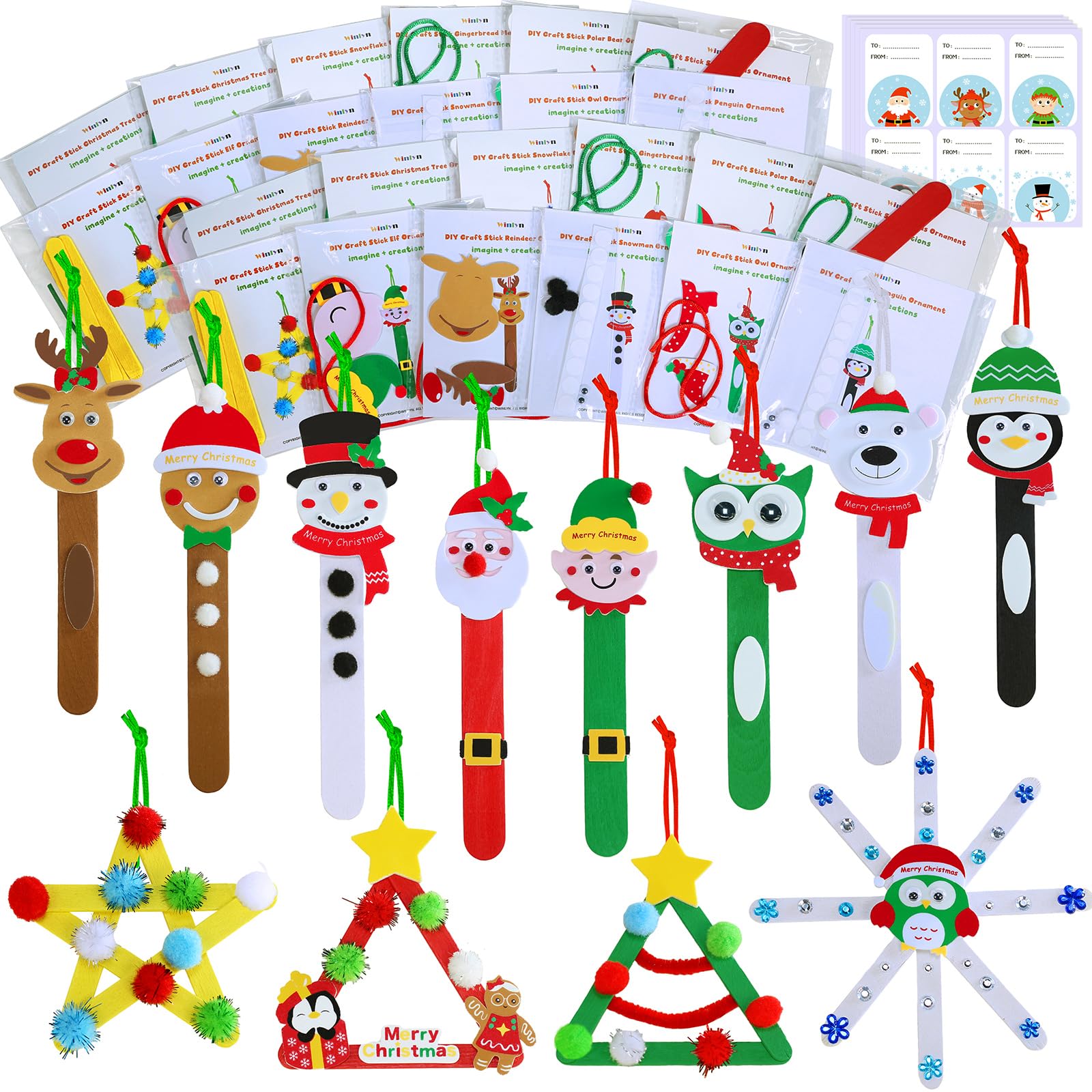 Winlyn 24 Sets Christmas Craft Kit with popsicle sticks for easy holiday ornament making at home