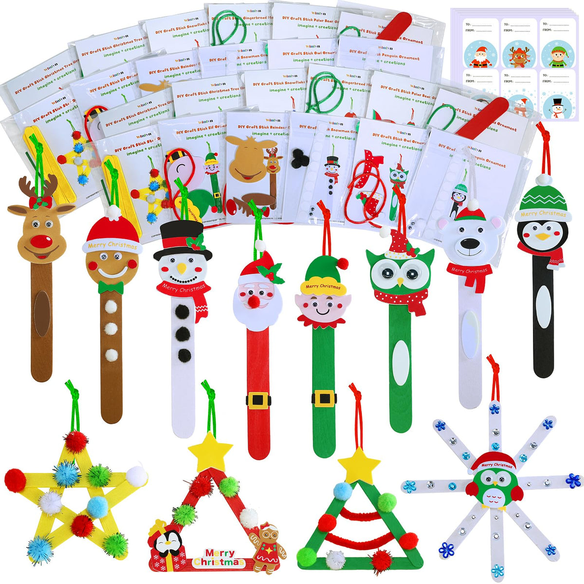Winlyn 24 Sets Christmas Craft Kit with popsicle sticks for easy holiday ornament making at home