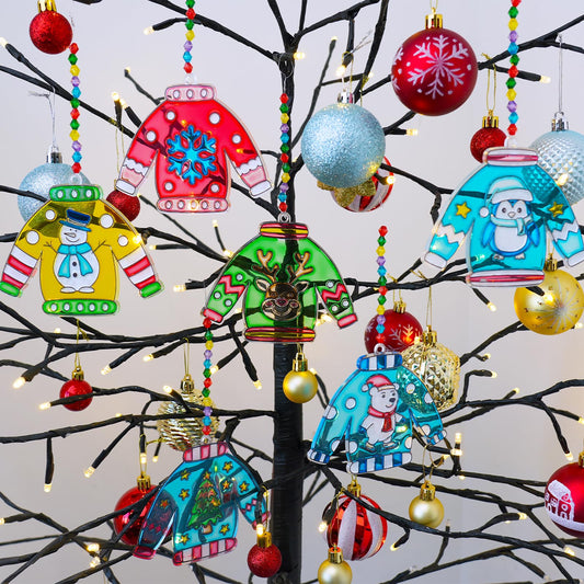 Winlyn Christmas Ugly Sweater suncatchers close-up shows vibrant colors for sunlit windows