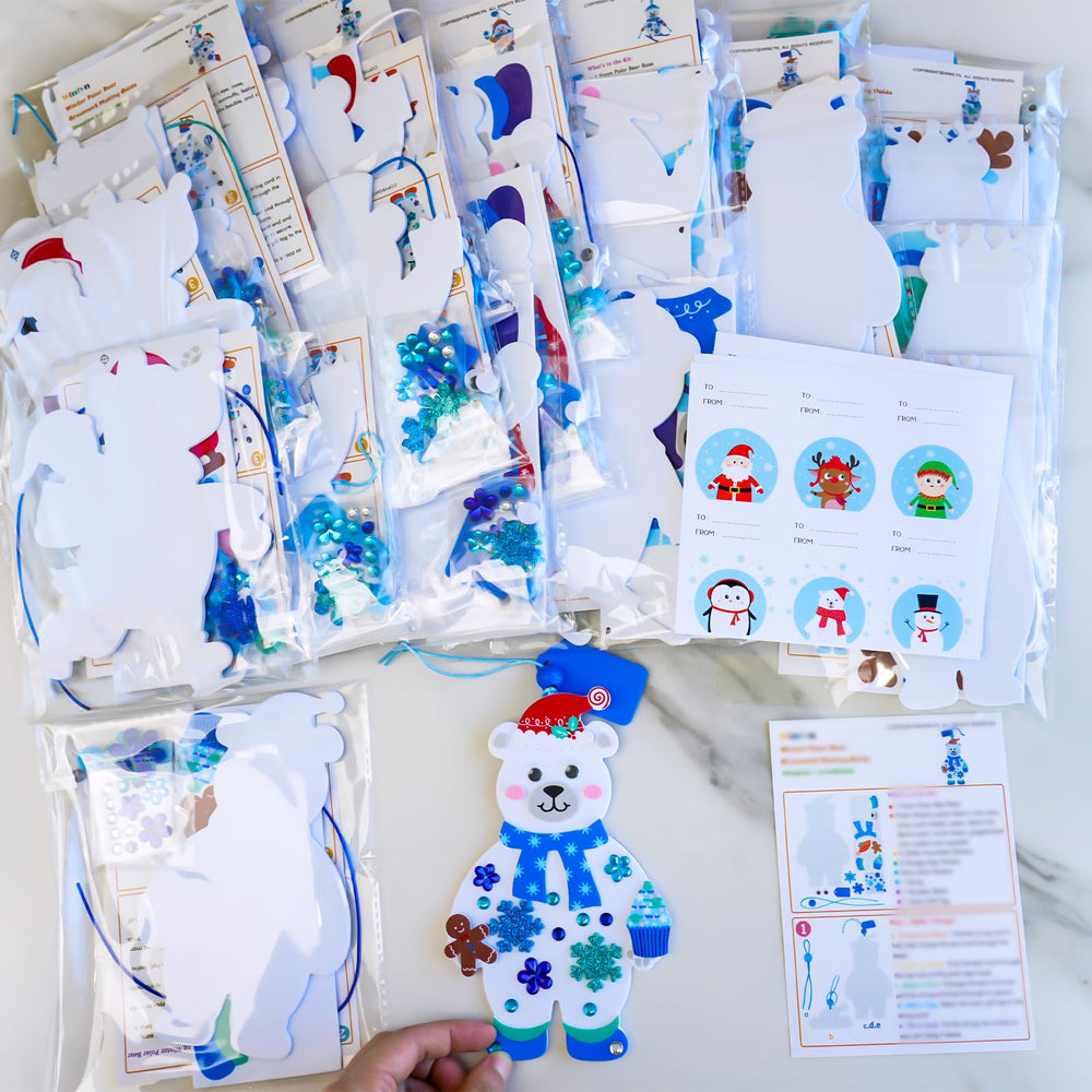 Winlyn jewel sticker sheet enhances festive accents and personalizes each bear ornament.