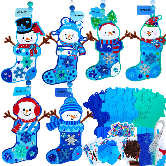 Winlyn snowman stocking ornament kit laid out for classroom crafts and festive decor