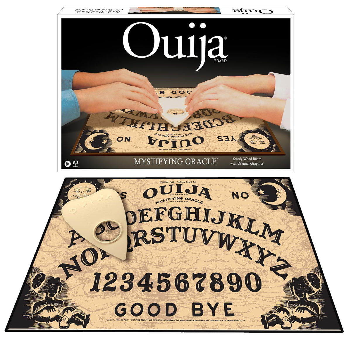 Winning Moves Classic Ouija wood board showing sturdy construction for lasting game nights.
