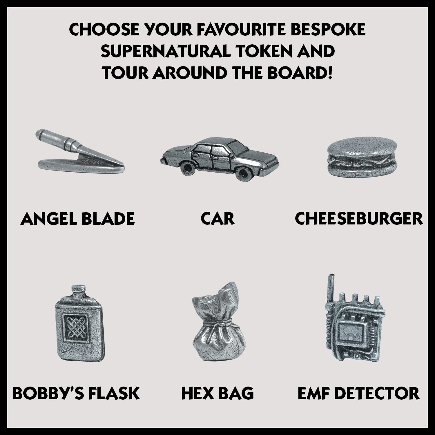 Winning Moves Supernatural Monopoly cheeseburger-token adds playful bonuses during sessions.