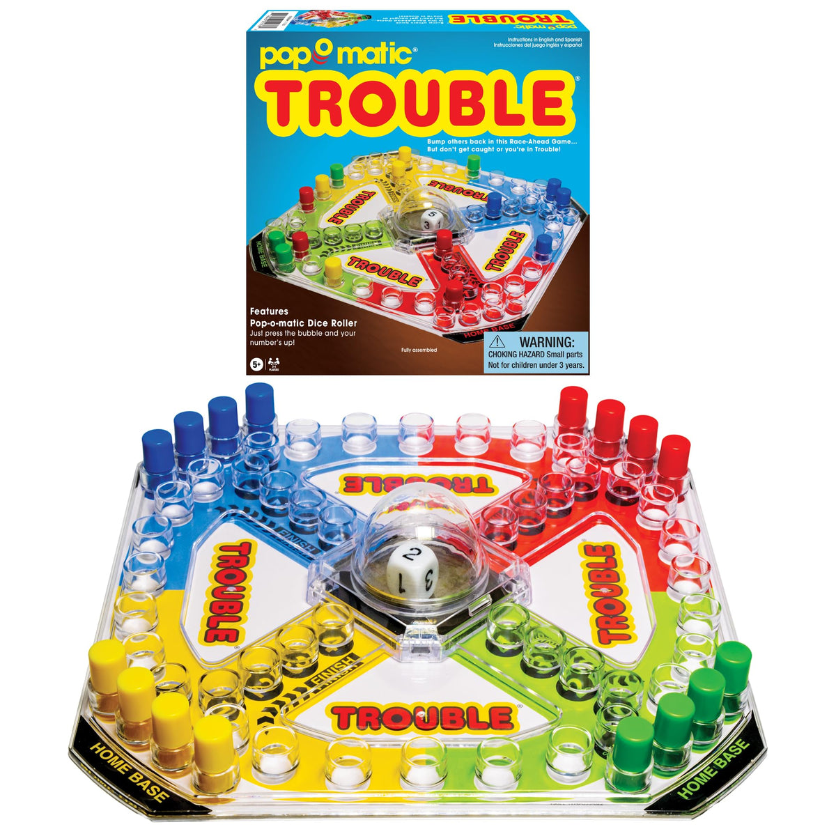 Winning Moves Trouble board with Pop-O-Matic dice roller for family game night.