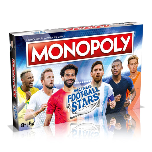 Winning Moves World Football Stars Monopoly cover with football legends for family game night.