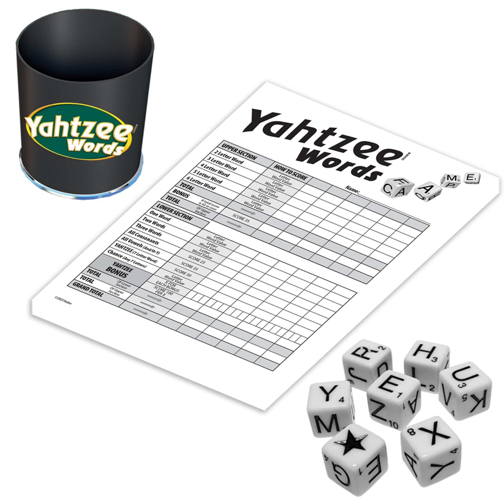 Winning Moves Yahtzee Words components laid out, family-friendly setup for quick rounds