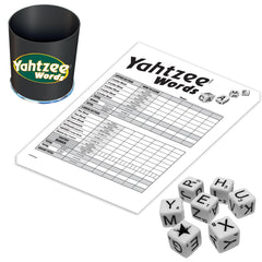 Winning Moves Yahtzee Words components laid out, family-friendly setup for quick rounds