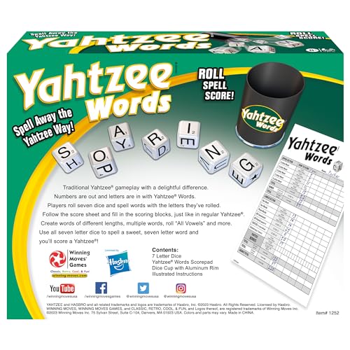 Winning Moves Yahtzee Words score sheet, familiar Yahtzee rhythm with a linguistic twist