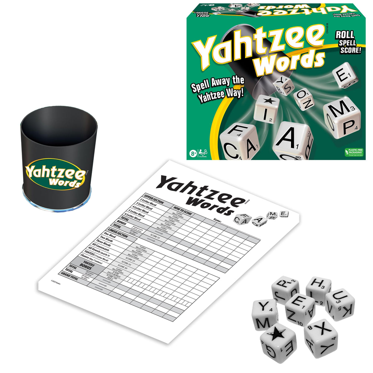 Winning Moves Yahtzee Words seven-letter dice on the board, boosting vocabulary and strategic word formation