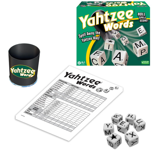 Winning Moves Yahtzee Words seven-letter dice on the board, boosting vocabulary and strategic word formation
