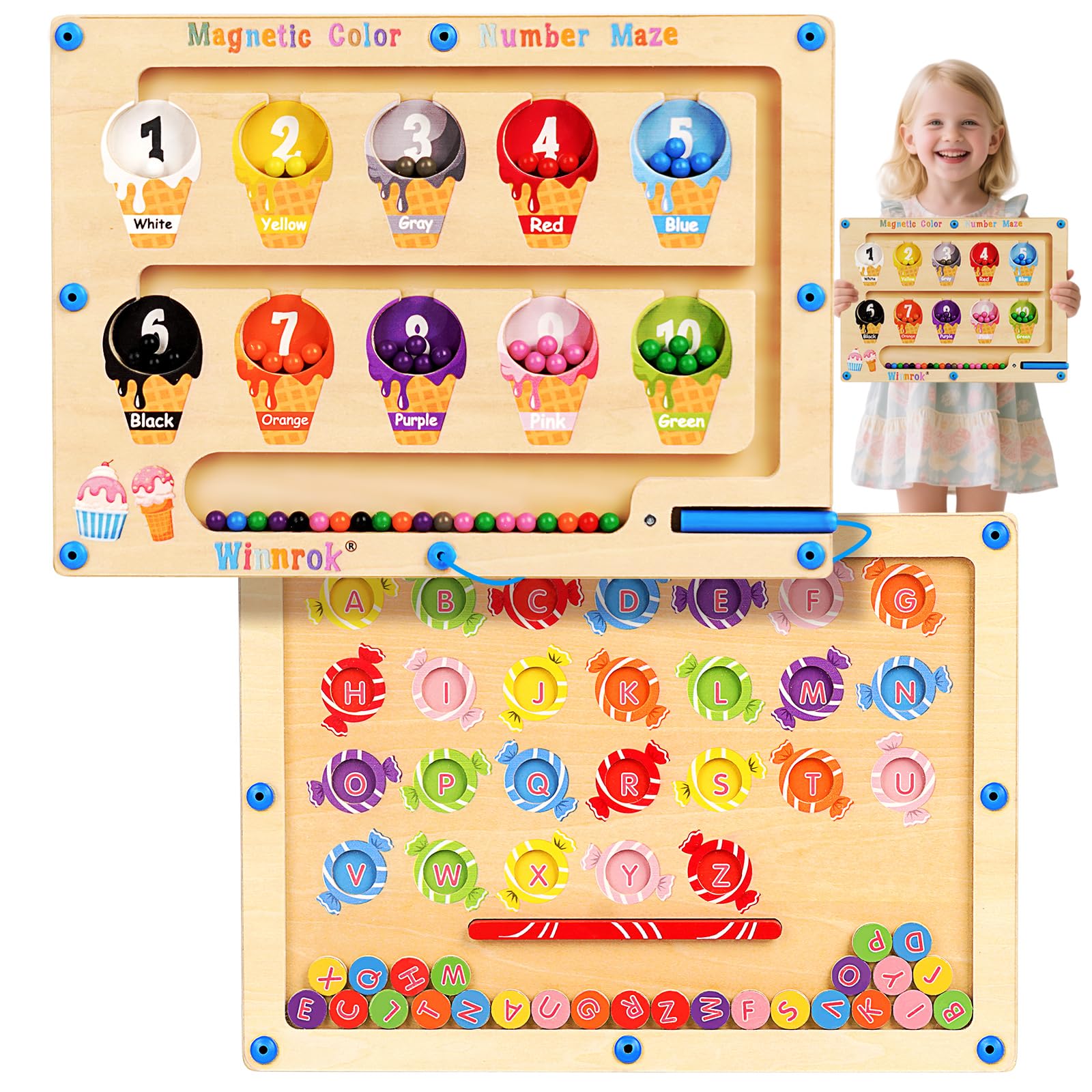 Winnrok 2-in-1 Magnetic Color and Number Maze front view promotes color and number recognition