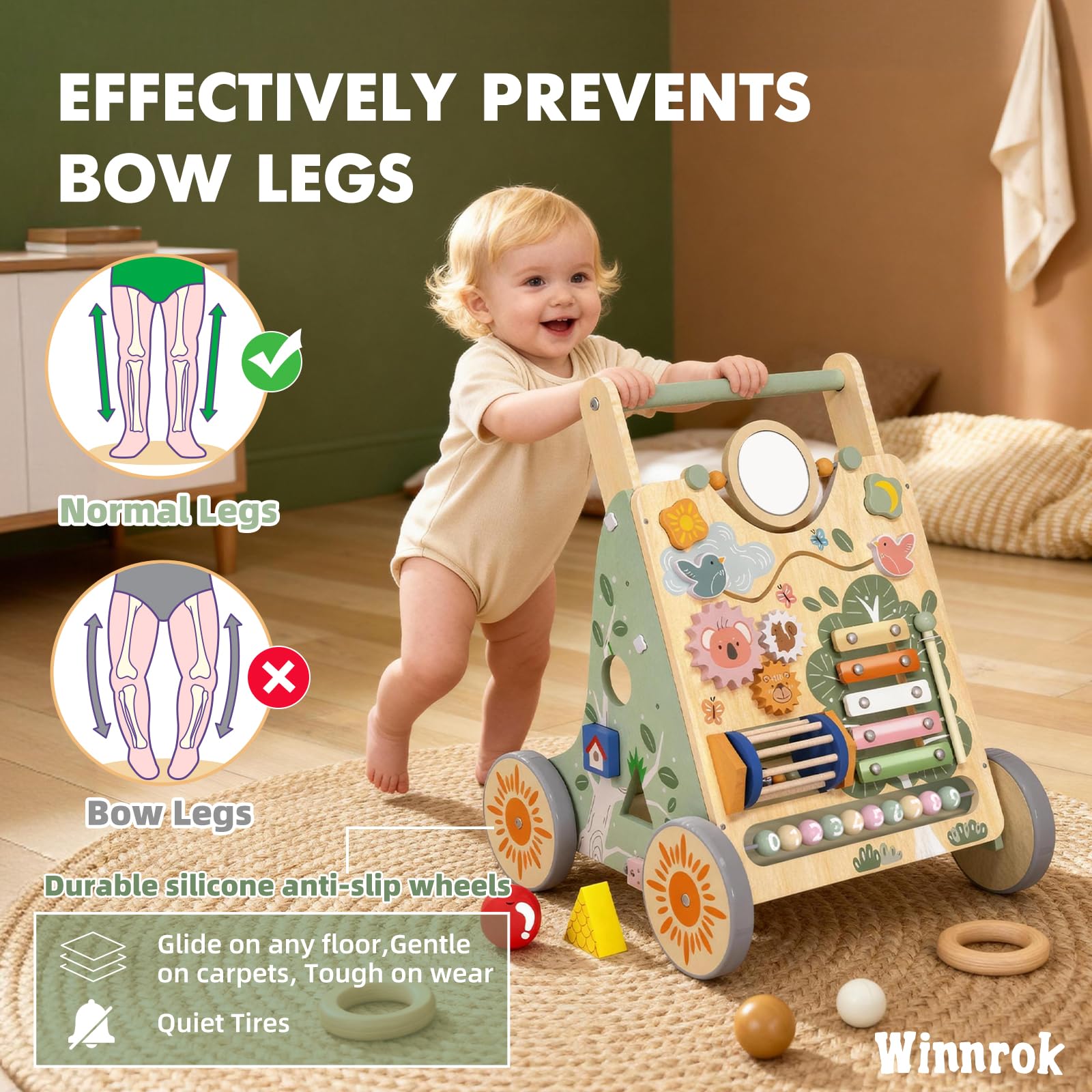 Winnrok activity center with eight toys stimulates exploration during practice.