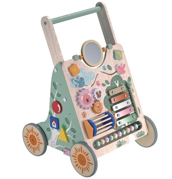 Winnrok wooden walker storage basket keeps snacks toys handy.