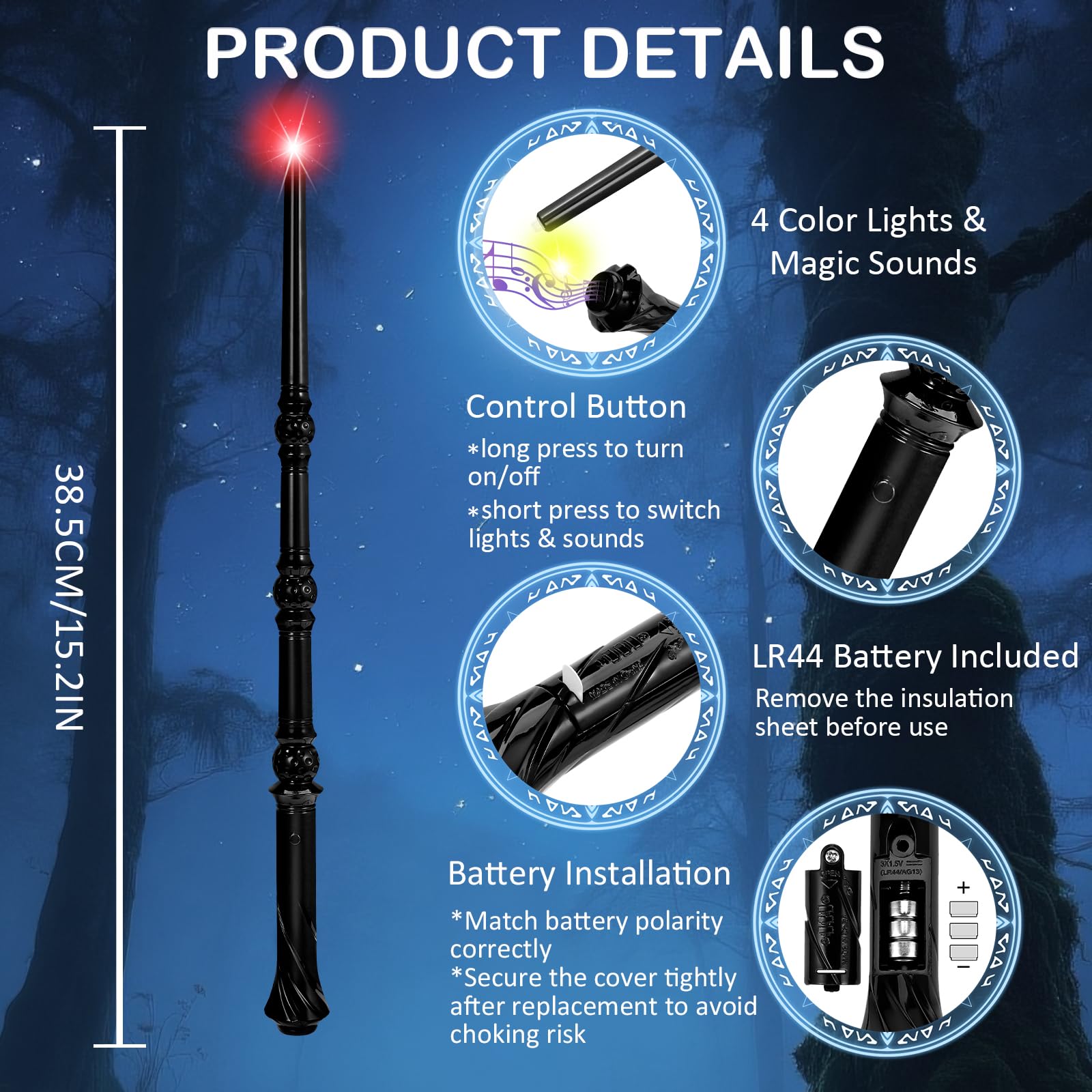 WinSence light-up magic wand with four color glow activation for spell visuals