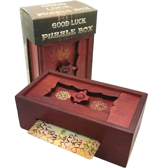Winshare Good Luck Puzzle Box close-up showing pine wood craftsmanship