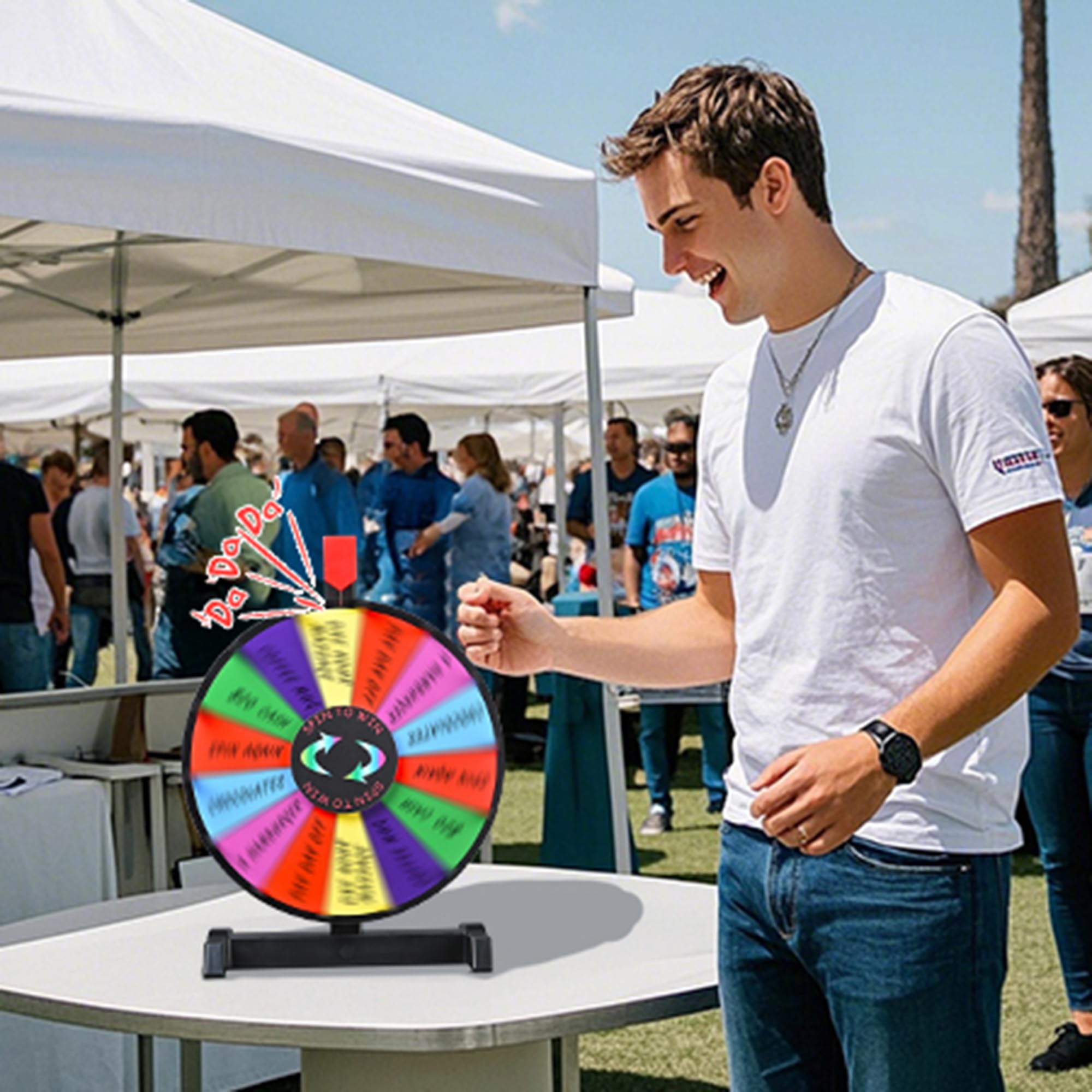 WinSpin wheel showing 14 customizable slots for logos or text at events.