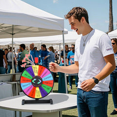 WinSpin wheel showing 14 customizable slots for logos or text at events.