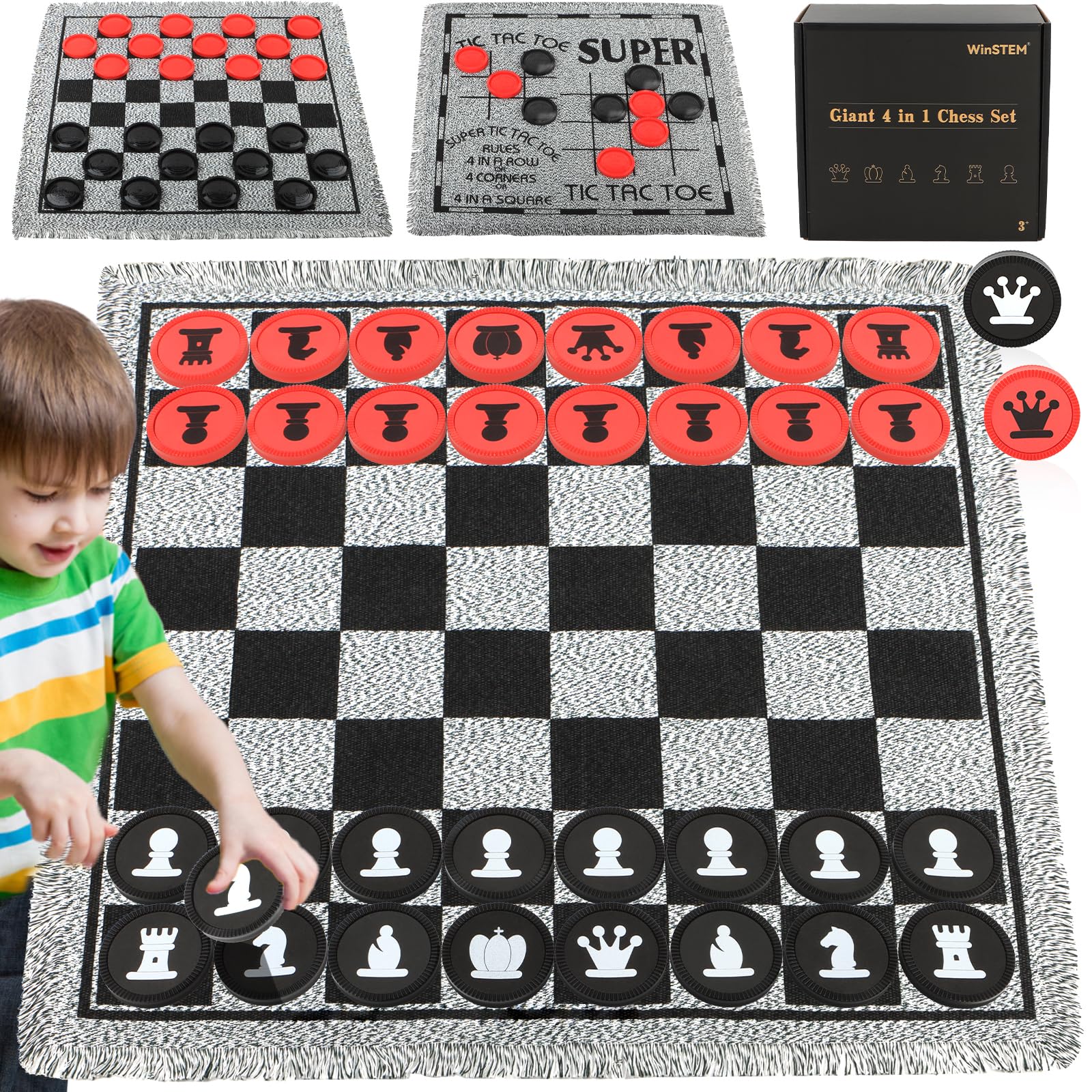 WinSTEM giant chessboard front view with bold red and black pieces.