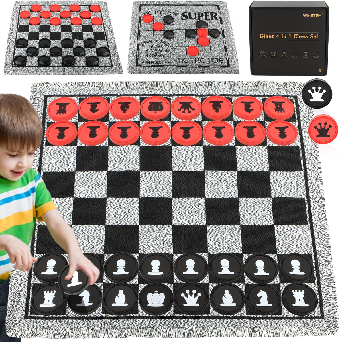 WinSTEM giant chessboard front view with bold red and black pieces.