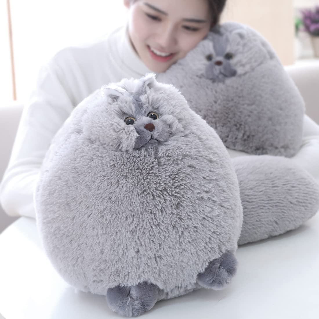 Winsterch gray cat plush close-up of tiny eyes and brown nose for cute charm