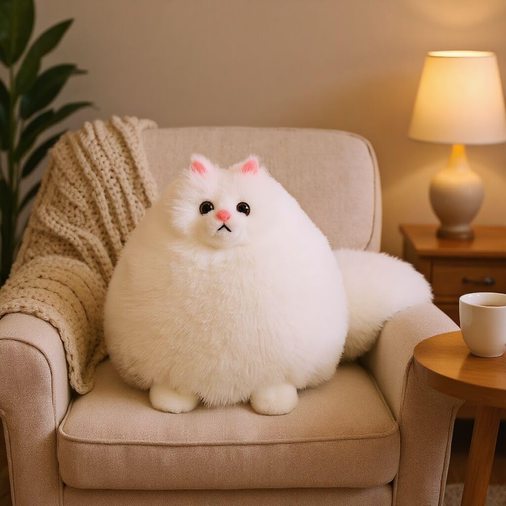 Winsterch white fat cat ears and nose, fluffy texture for comforting cuddles.