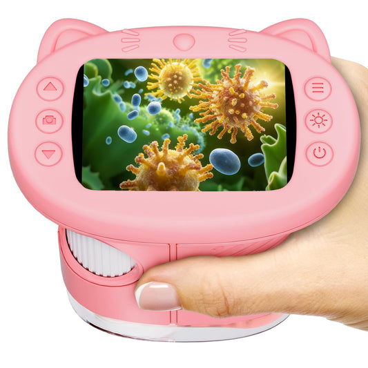 WINWEND pocket microscope in pink highlights compact design for kids.