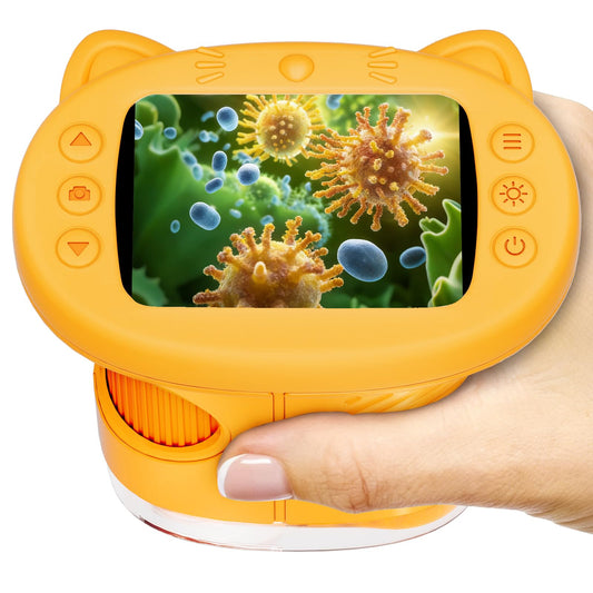 WINWEND pocket microscope in orange, compact design for on-the-go science exploration.