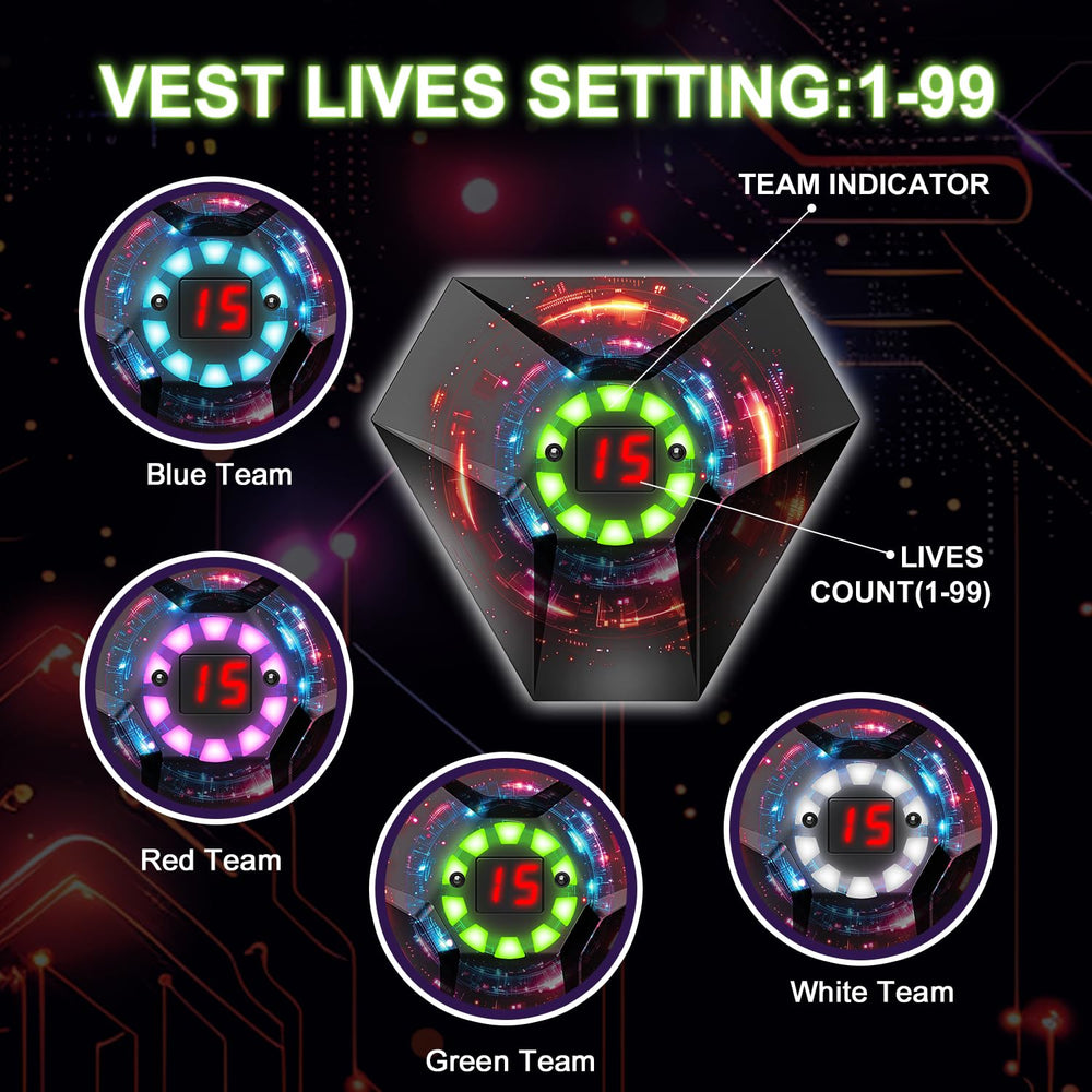 Winyea Tag dual-display modes track lives, ammo, and scores during fast-paced rounds.