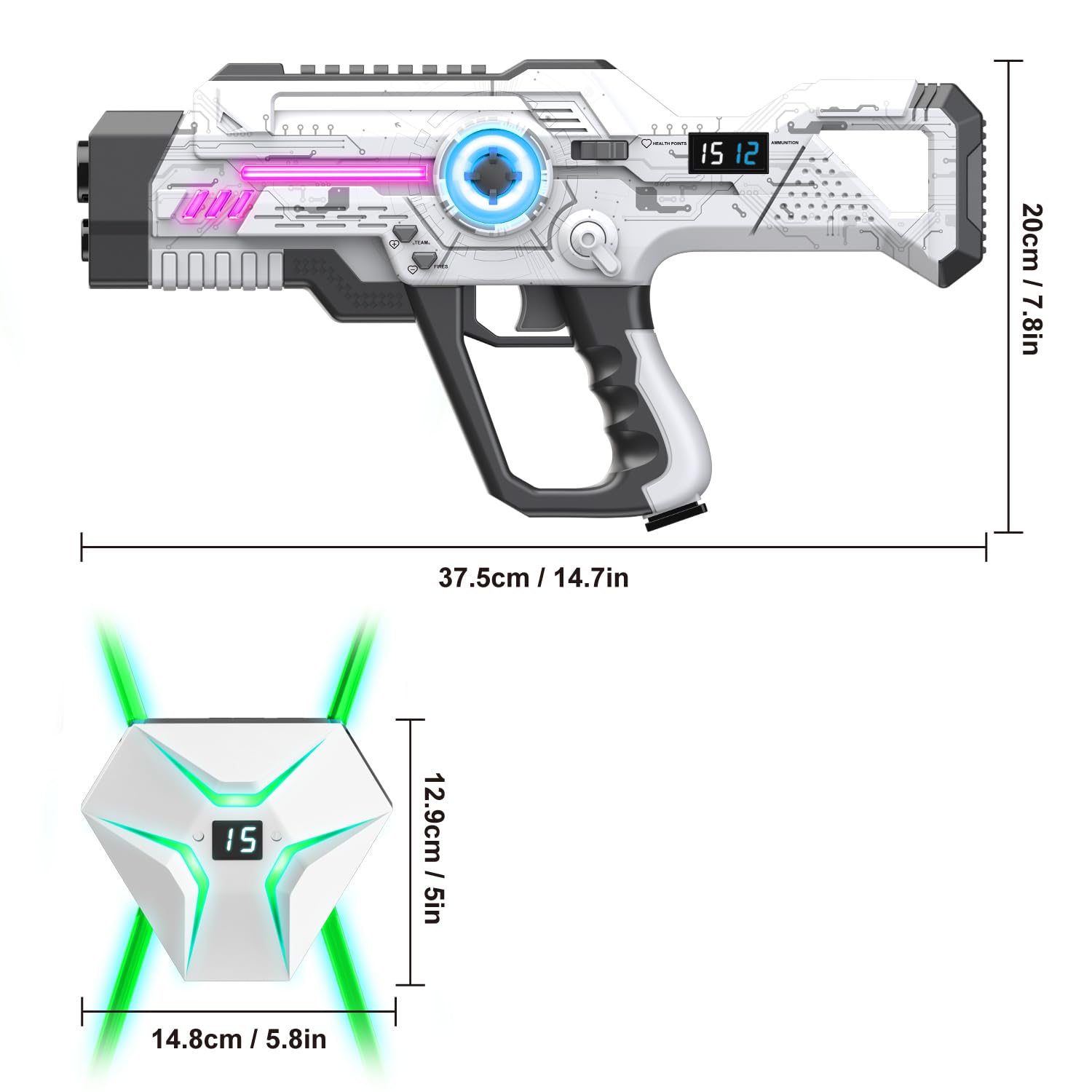 Winyea Tag dual LED display lets players monitor lives and ammo at a glance.