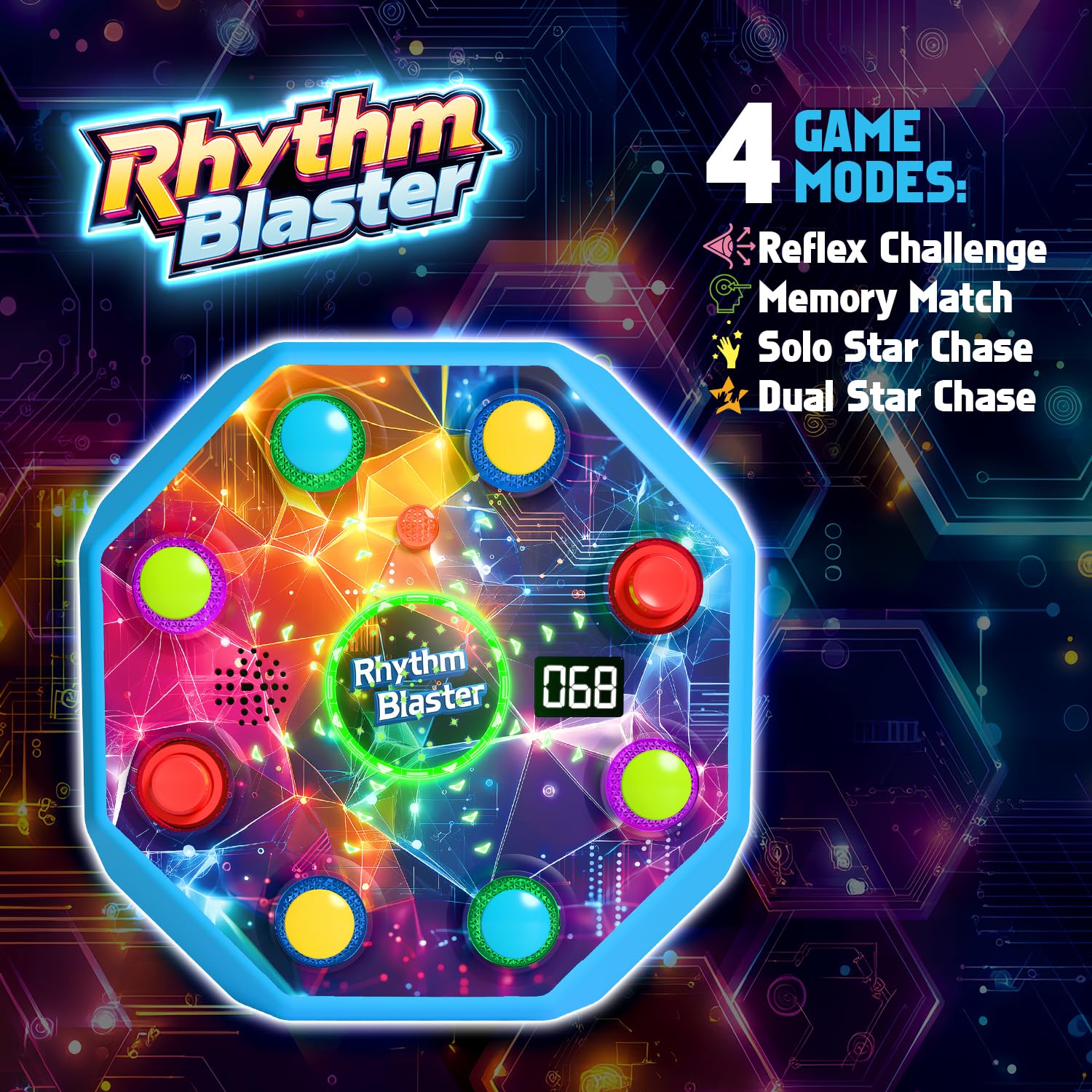 Close-up of colorful LEDs and buttons on the Winyea Tag game for immersive play.