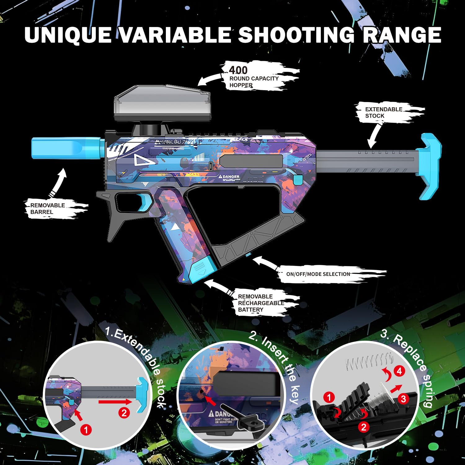 Rechargeable battery powering extended gel blaster sessions