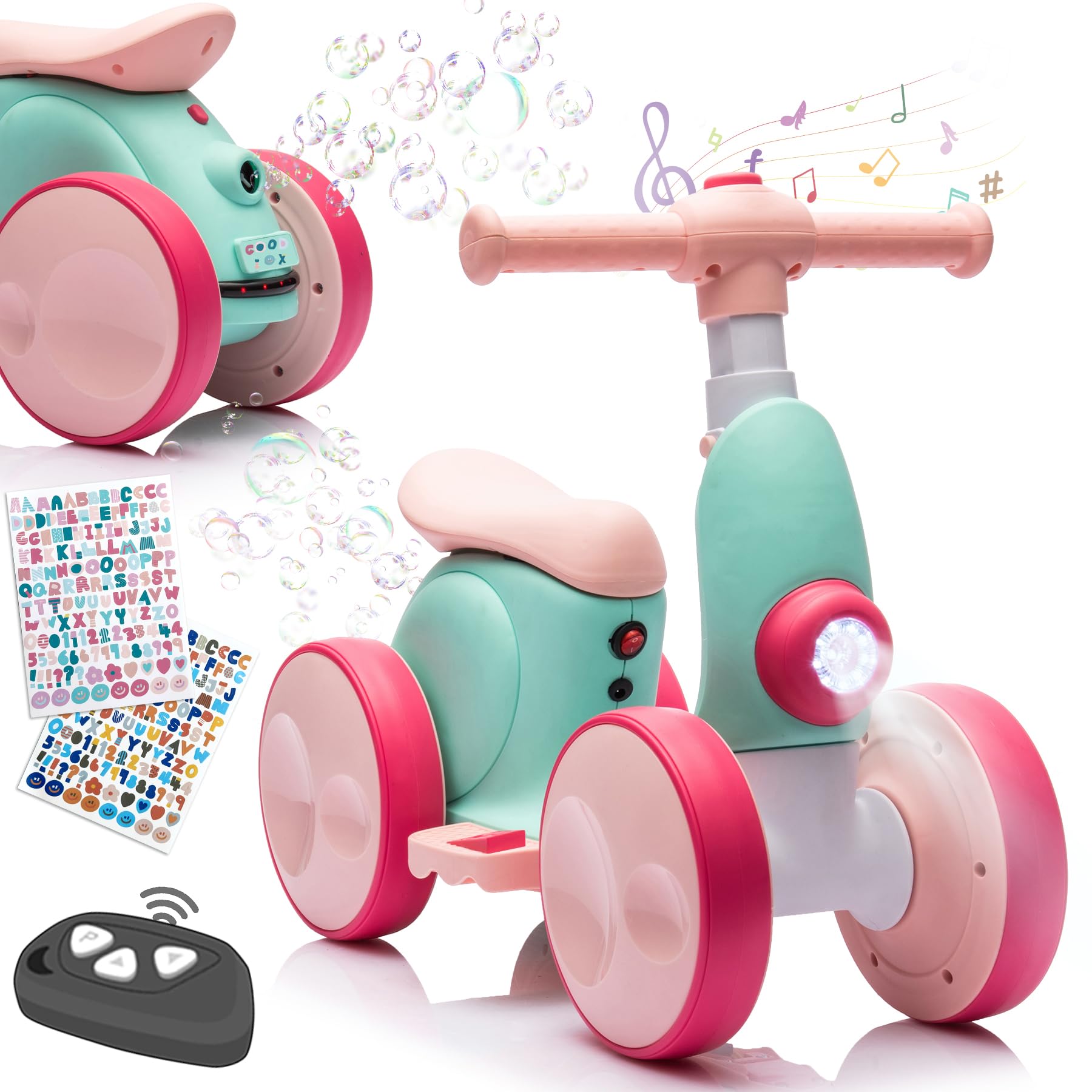 wiqins electric baby balance bike with bubble feature for safe first rides indoors.