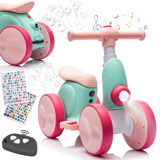 wiqins electric baby balance bike with bubble feature for safe first rides indoors.