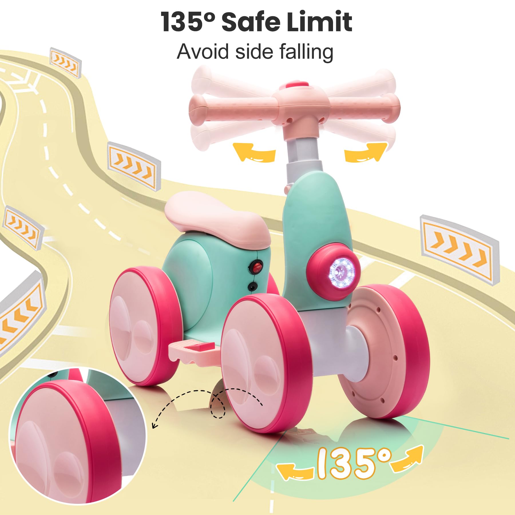 wiqins 135-degree steering offers stable turns and safer handling.