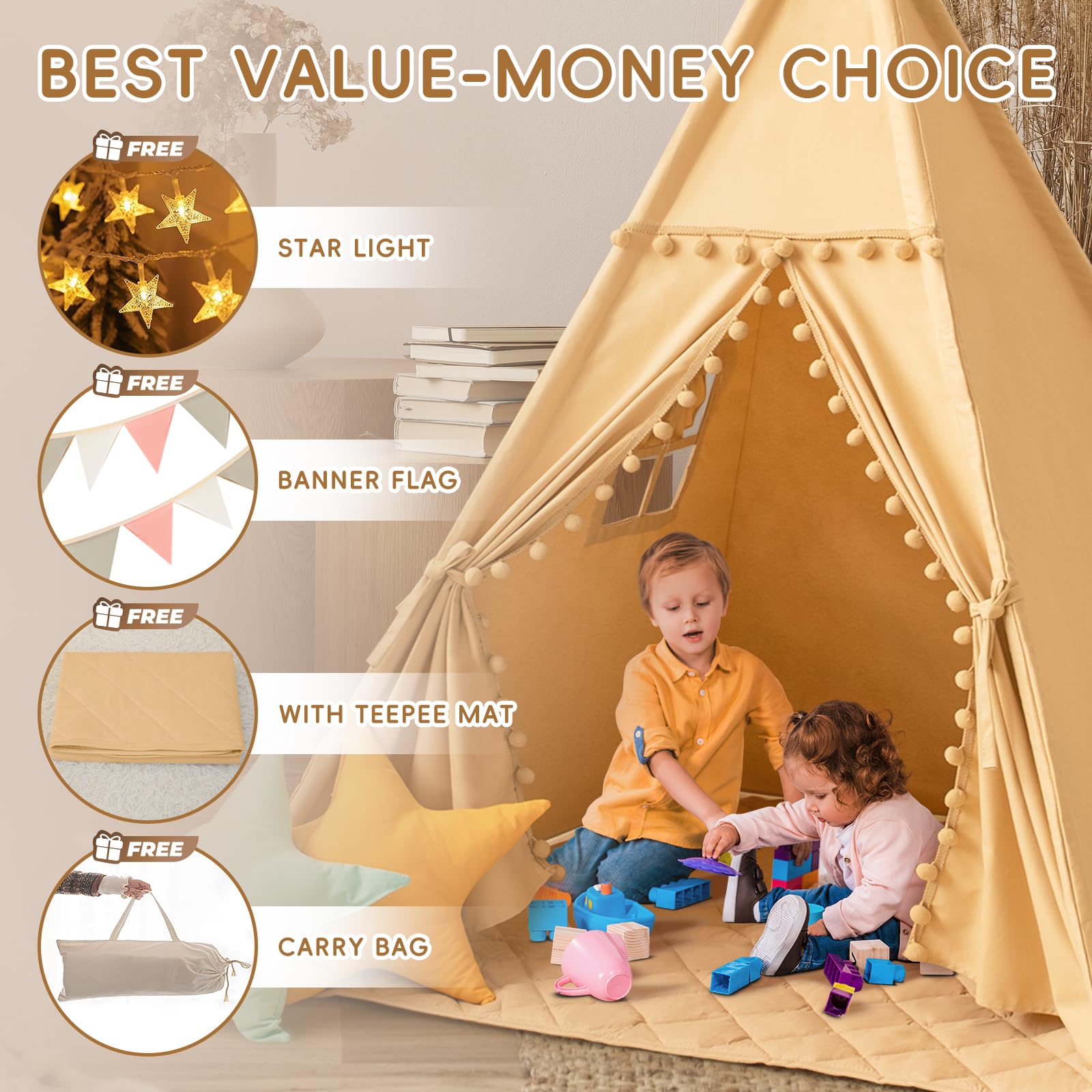 Wirhao tepee tent stars lights and banner flag add magical play ambience.