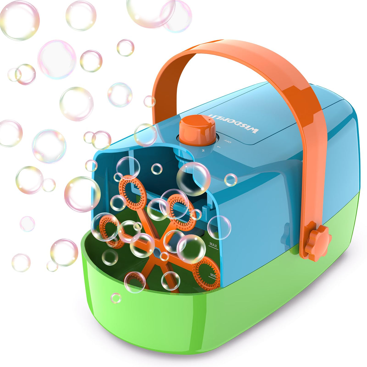 Wisdomlit Bubble Machine front view creating colorful bubbles for celebrations