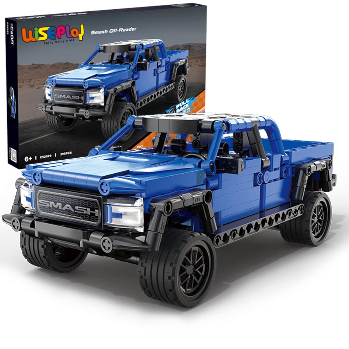 WisePlay off-road pull-back car kit laid out for assembly to spark creativity.