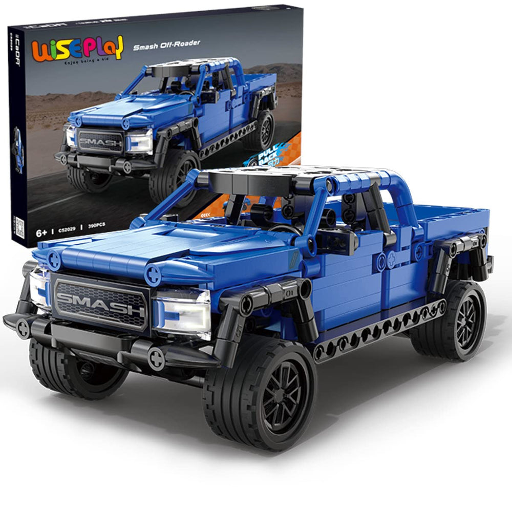 WisePlay off-road pull-back car kit laid out for assembly to spark creativity.