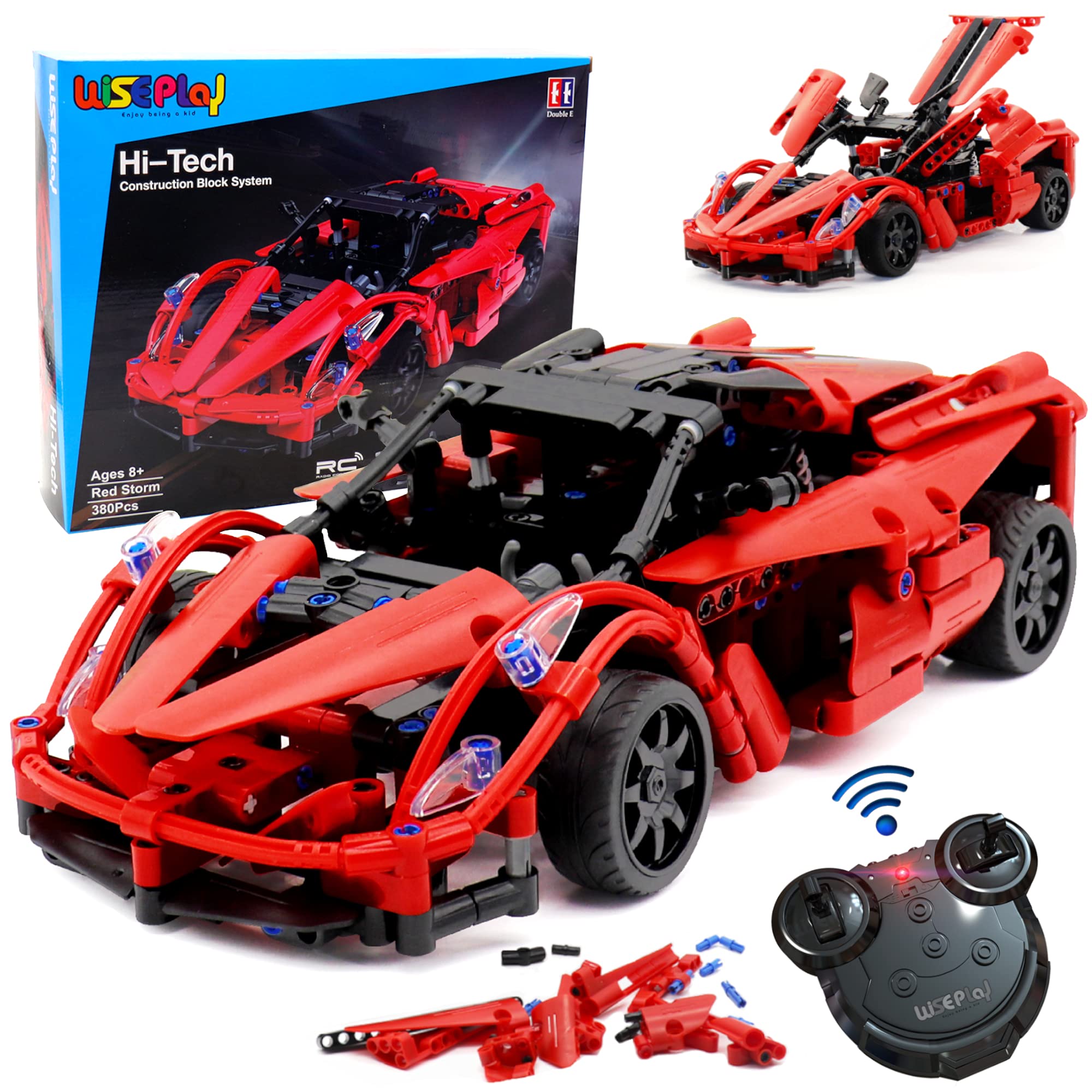 WISEPLAY 380-piece RC car parts close-up for hands-on building.