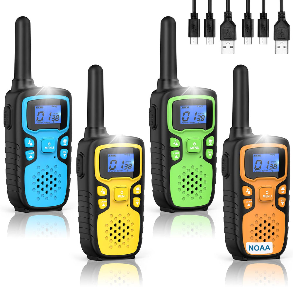 Wishouse Kids Walkie Talkies four-pack in blue, yellow, green, and orange colors for family games.