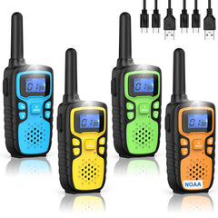 Wishouse Kids Walkie Talkies four-pack in blue, yellow, green, and orange colors for family games.