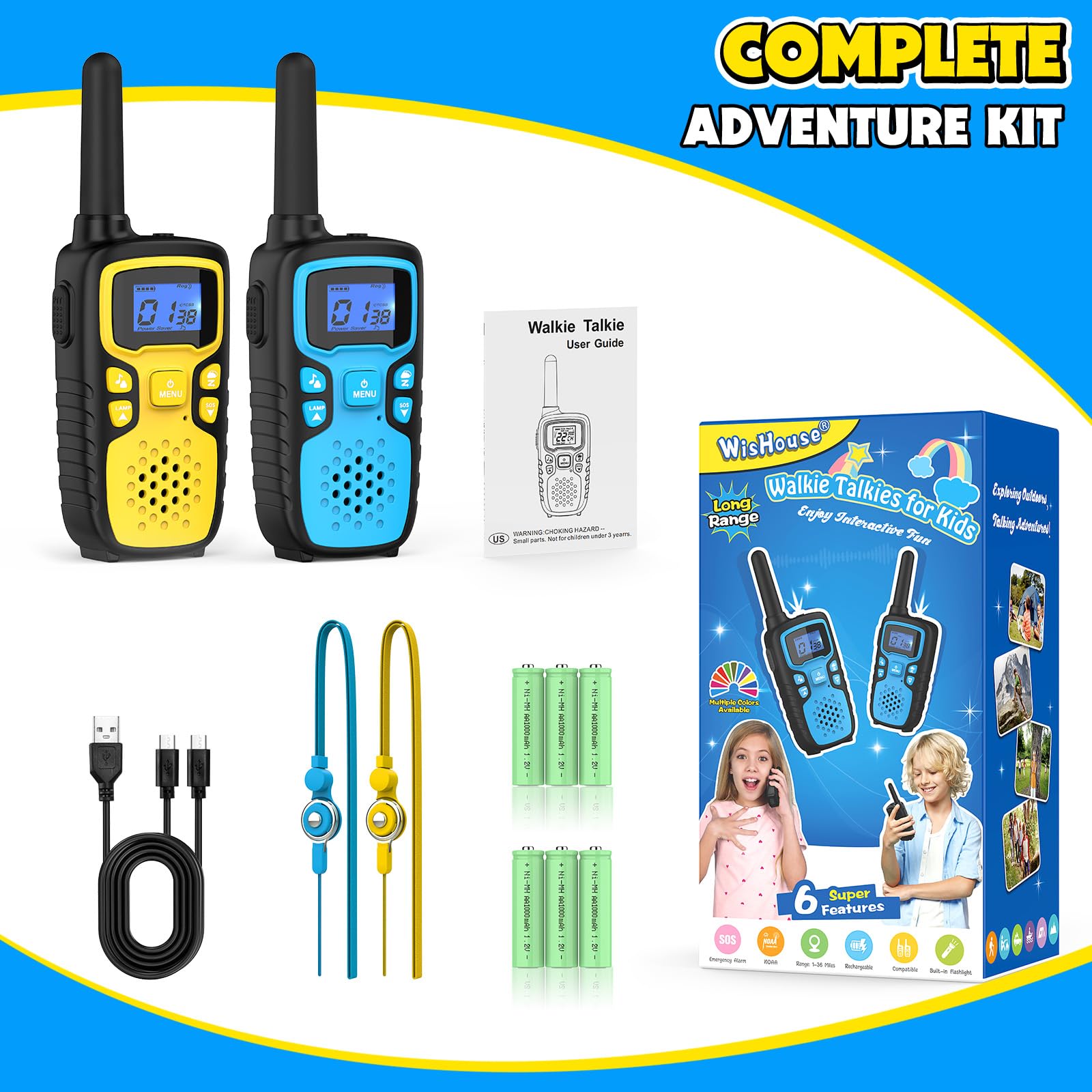 Wishouse walkie-talkies kids blue-yellow design; colorful set encourages team play.