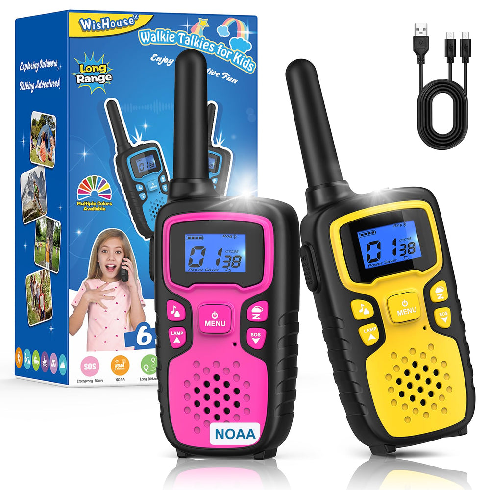 Wishouse walkie talkies for kids pink-yellow, front view, spark imagination and easy early communication.