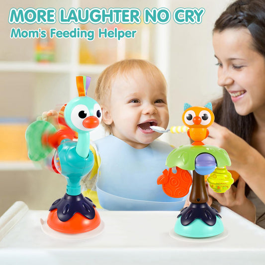 WITALENT owl suction toy on table engages baby with soft rattling sounds.