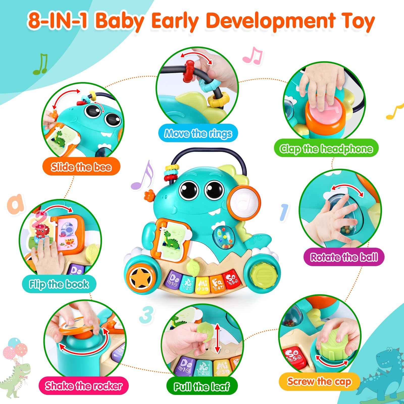 WITALENT dinosaur with rolling eyes and beads, engaging baby attention.
