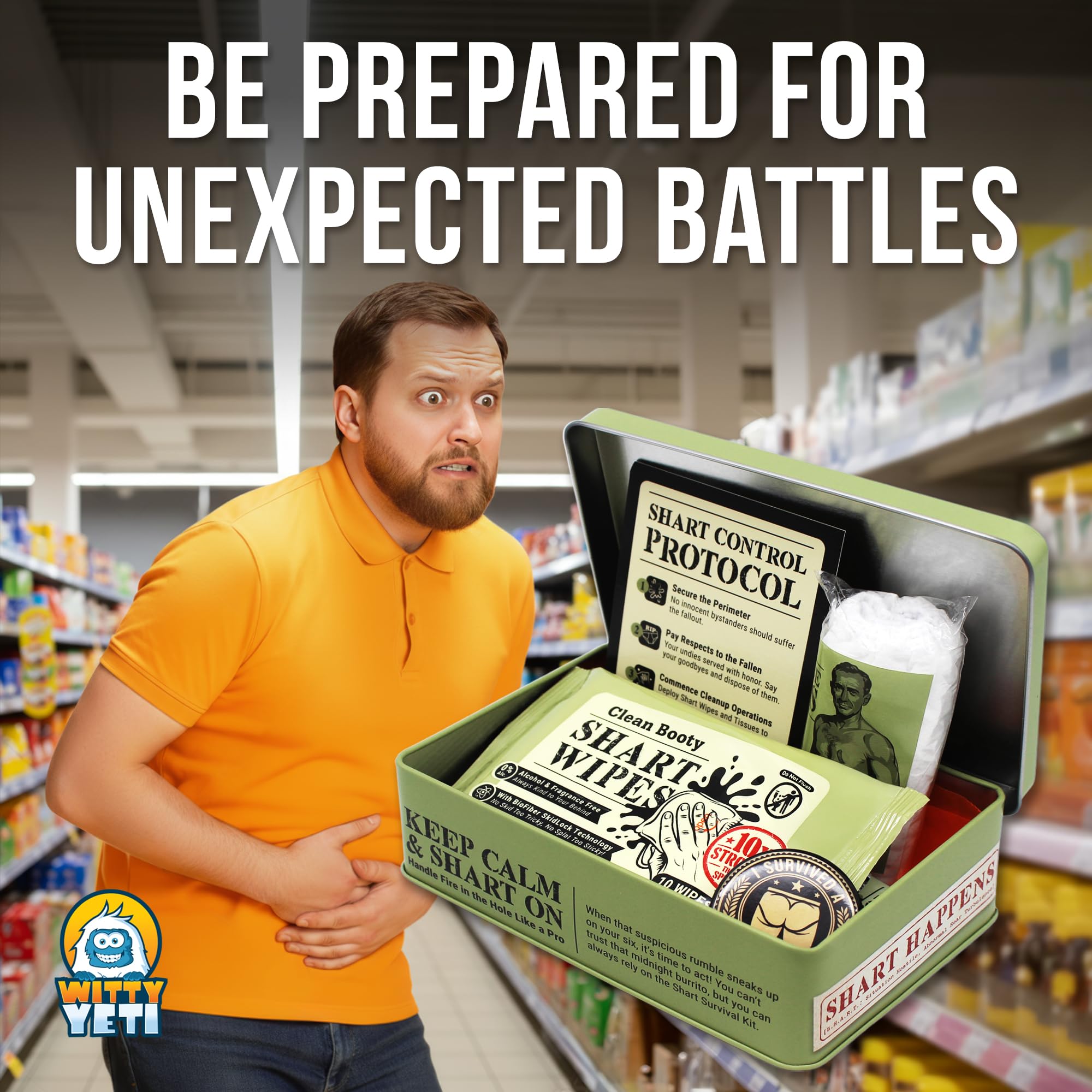 Witty Yeti disposable underwear included for discreet protection.