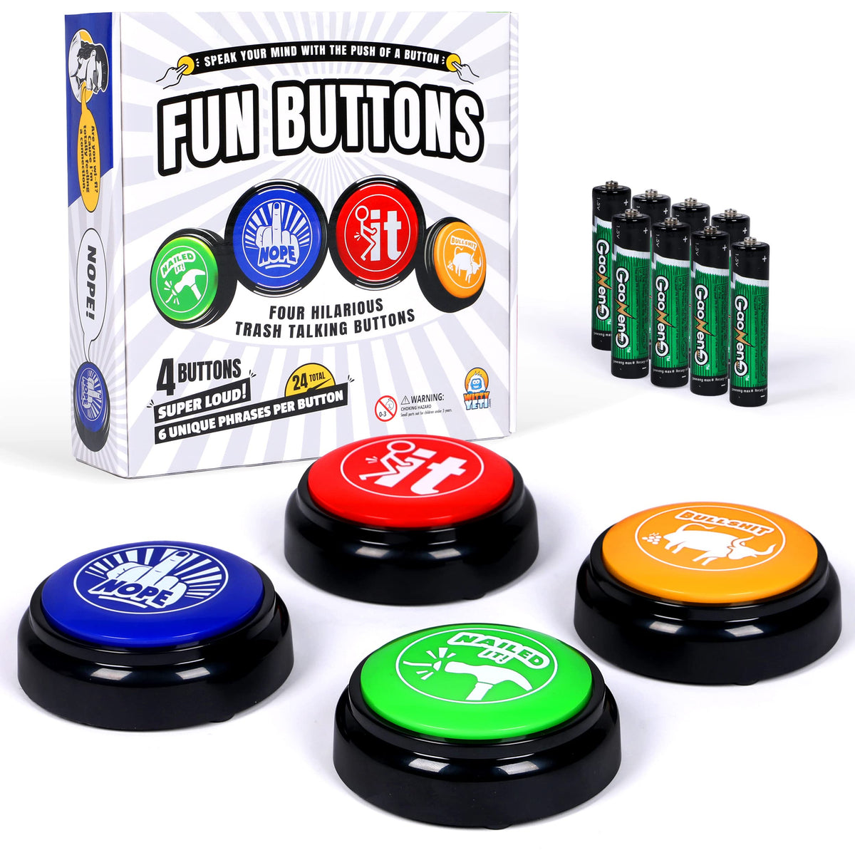 Witty Yeti 4-pack front view with four buttons ready for desk pranks