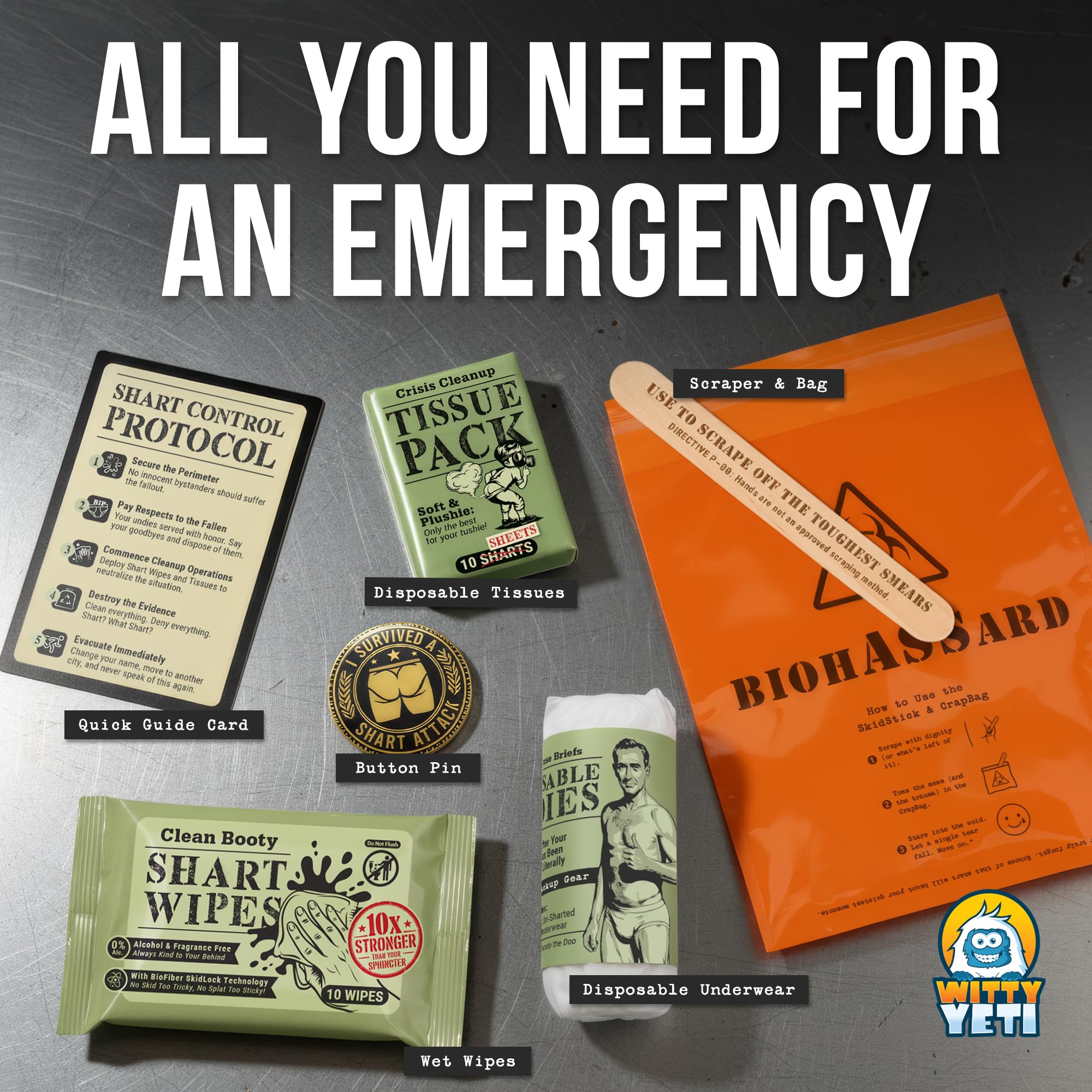 Witty Yeti survivor badge and guide card for quick reference.