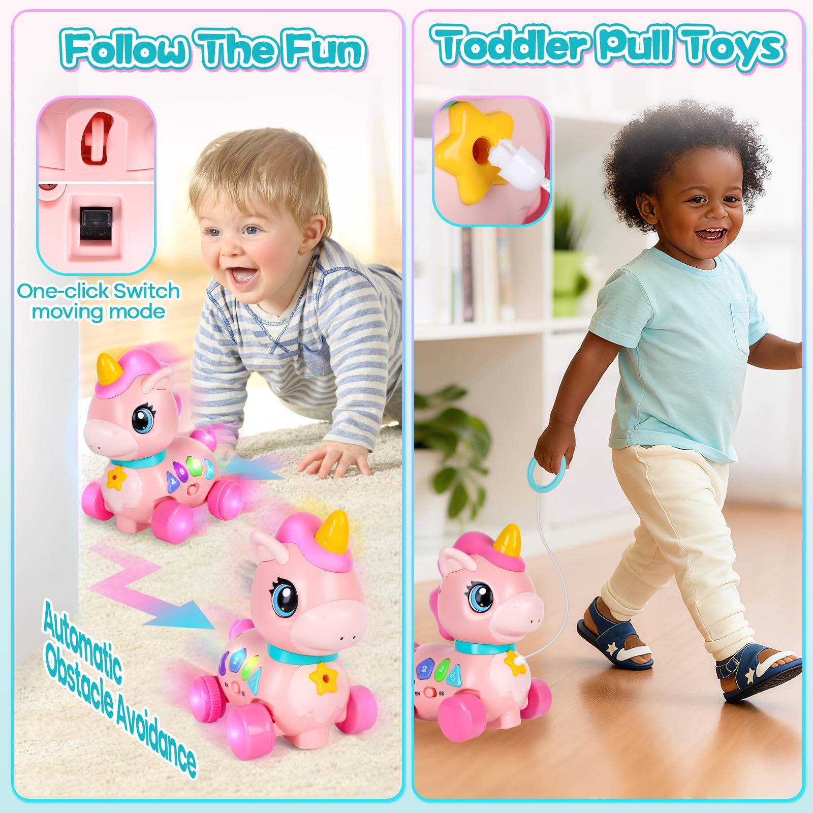 WixbFyn unicorn toy moves to encourage crawling and standing practice